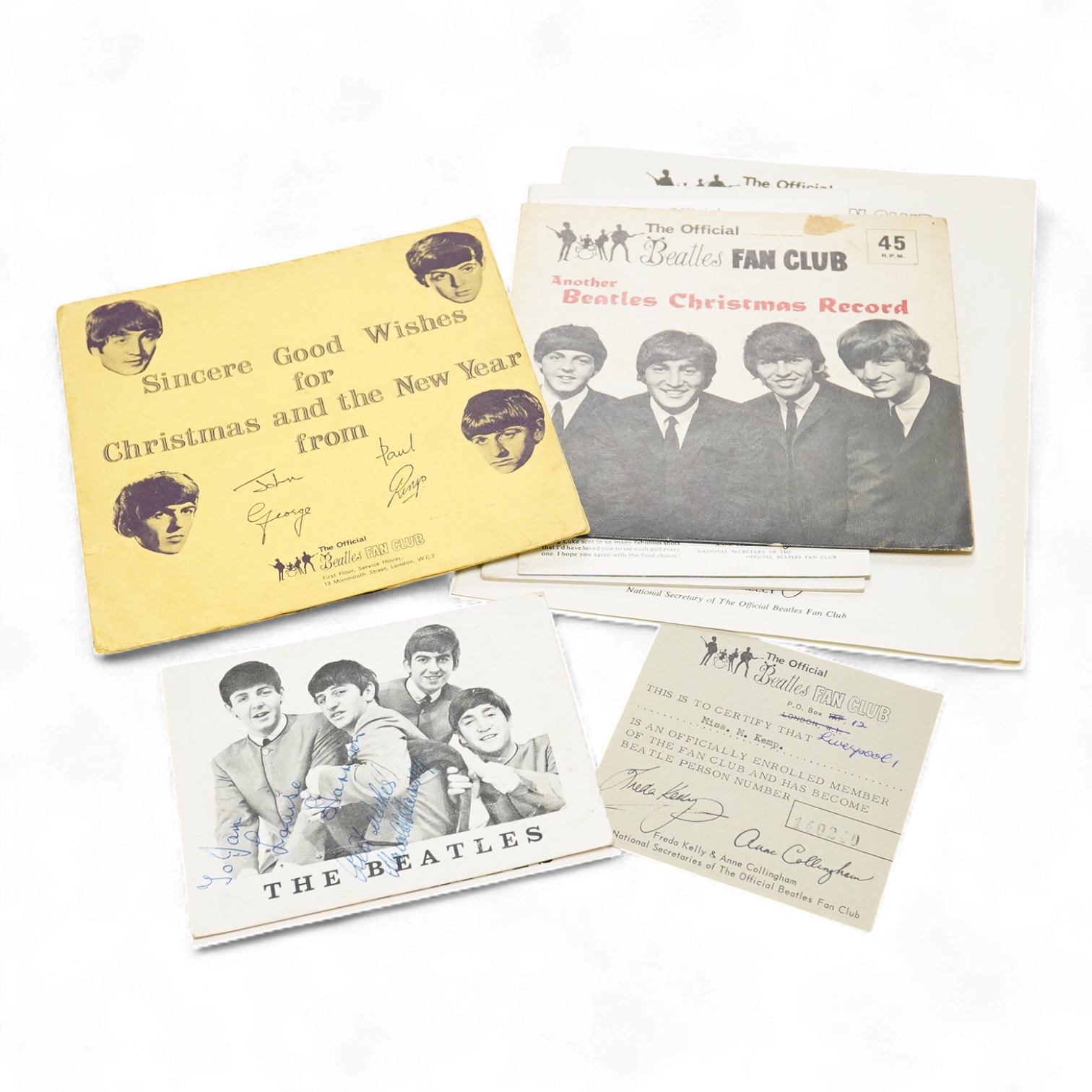 The Beatles Fan Club interest; two official fan club Christmas flexidiscs for 1963 and 1964, together with a fan club membership card, 1960s newsletters, and other 1960s ephemera